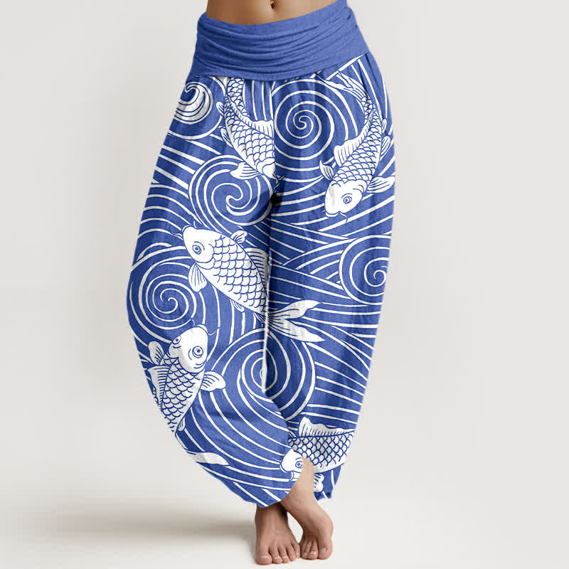 Buddha Stones Pantaloni harem da donna in cotone con motivo a onde koi e elastico in vita. - Blu reale - US16, UK/AU20, EU48 (3XL) - image 0