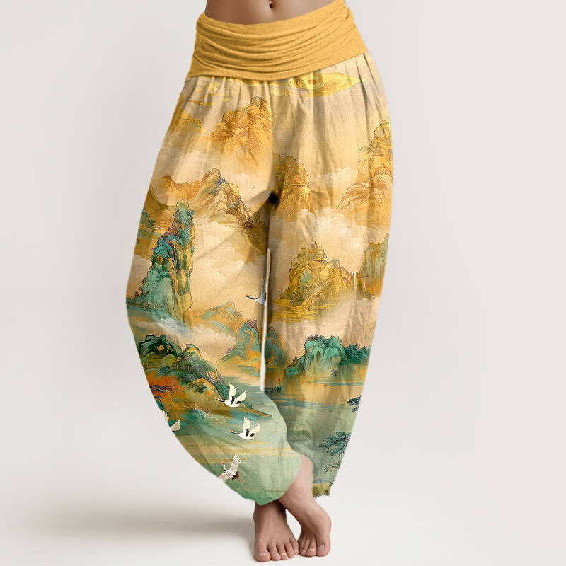 Buddha Stones Pantaloni harem da donna in cotone con motivo a punte di gru orientali e vita elasticizzata. - Oro - US16, UK/AU20, EU48 (3XL) - image 0