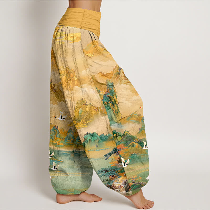 Buddha Stones Pantaloni harem da donna in cotone con motivo a punte di gru orientali e vita elasticizzata. - image 1