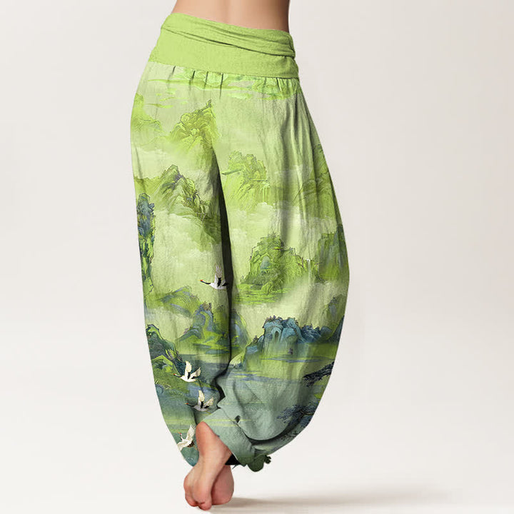 Buddha Stones Pantaloni harem da donna in cotone con motivo a punte di gru orientali e vita elasticizzata. - image 7
