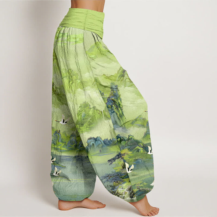 Buddha Stones Pantaloni harem da donna in cotone con motivo a punte di gru orientali e vita elasticizzata. - image 6