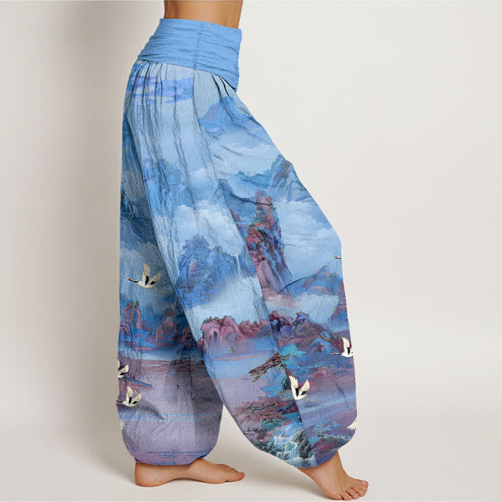 Buddha Stones Pantaloni harem da donna in cotone con motivo a punte di gru orientali e vita elasticizzata. - image 9