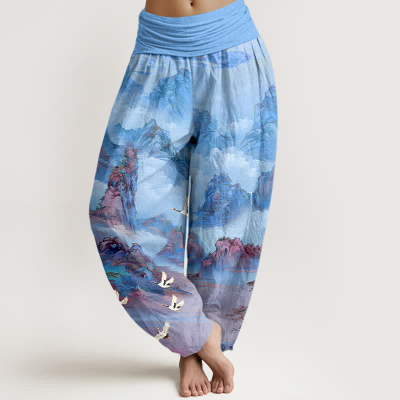 Buddha Stones Pantaloni harem da donna in cotone con motivo a punte di gru orientali e vita elasticizzata. - Azzurro cielo chiaro - US16, UK/AU20, EU48 (3XL) - image 8
