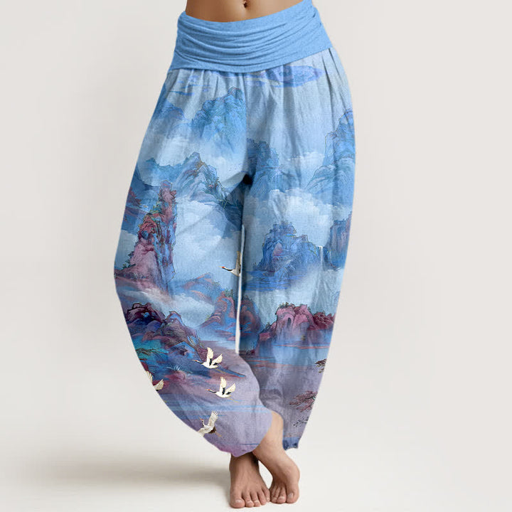 Buddha Stones Pantaloni harem da donna in cotone con motivo a punte di gru orientali e vita elasticizzata. - Azzurro cielo chiaro - US16, UK/AU20, EU48 (3XL) - image 8