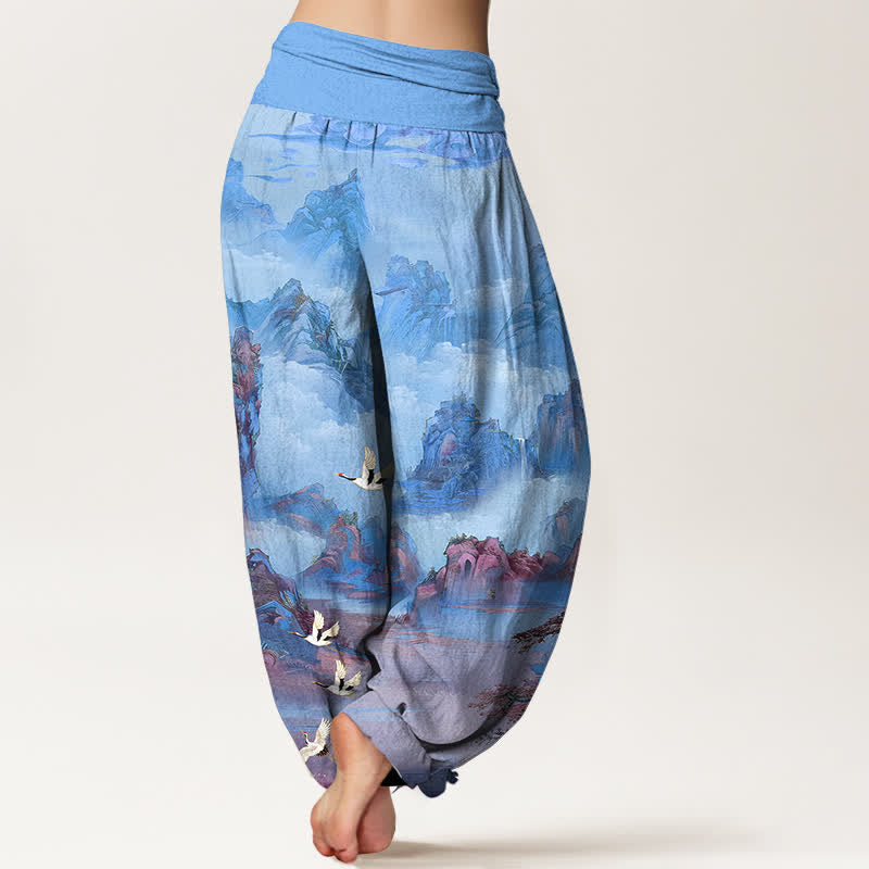 Buddha Stones Pantaloni harem da donna in cotone con motivo a punte di gru orientali e vita elasticizzata. - image 10
