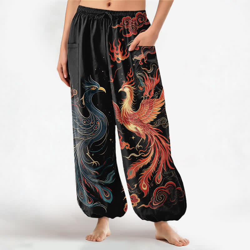 Buddha Stones Pantaloni harem da donna in cotone vintage con motivo fenice e fiamme, vita elasticizzata e tasche laterali. - Nero - US16, UK/AU20, EU48 (3XL) - image 0