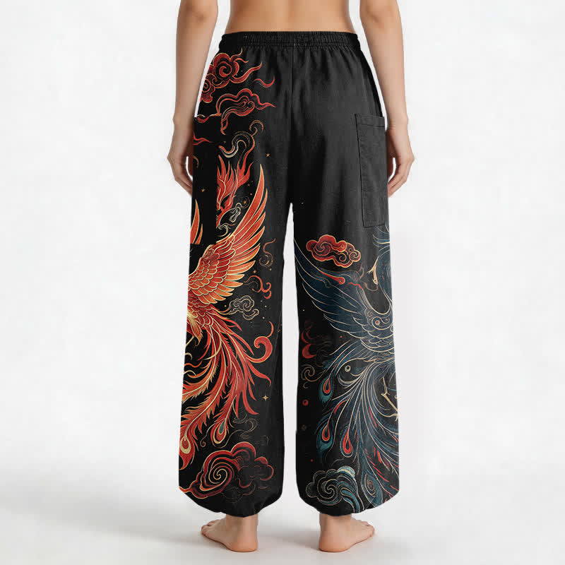 Buddha Stones Pantaloni harem da donna in cotone vintage con motivo fenice e fiamme, vita elasticizzata e tasche laterali. - image 2