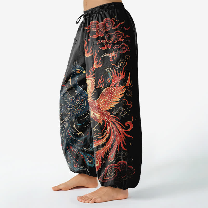Buddha Stones Pantaloni harem da donna in cotone vintage con motivo fenice e fiamme, vita elasticizzata e tasche laterali. - image 1