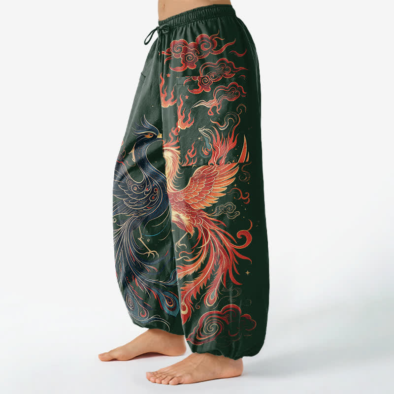 Buddha Stones Pantaloni harem da donna in cotone vintage con motivo fenice e fiamme, vita elasticizzata e tasche laterali. - image 8