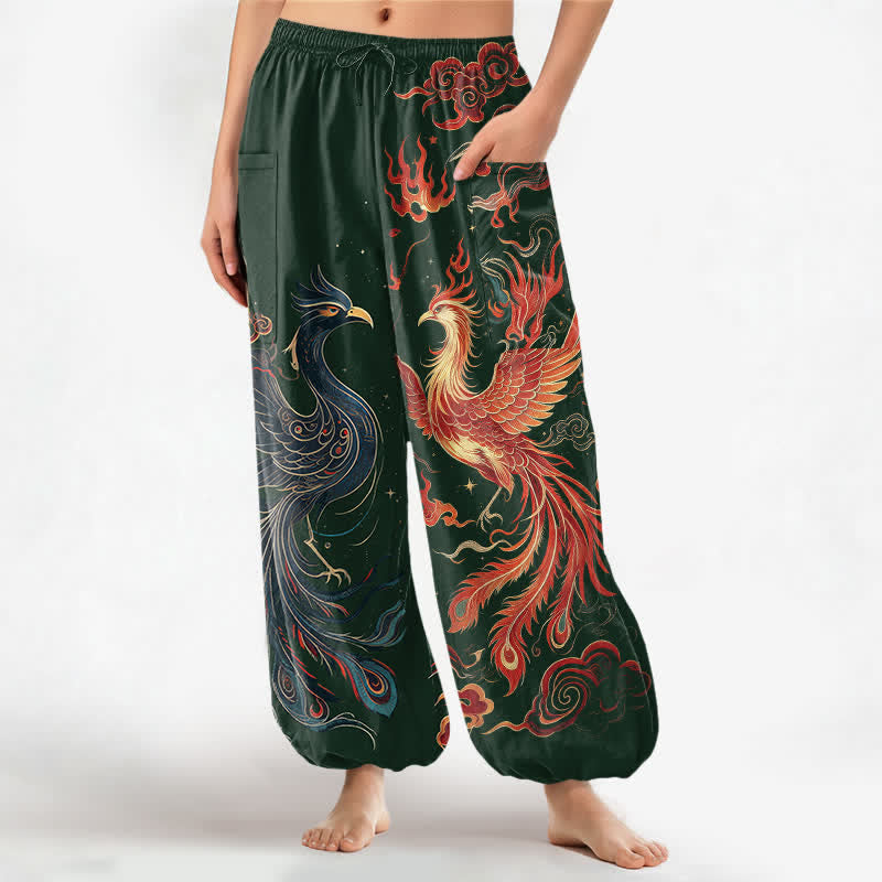 Buddha Stones Pantaloni harem da donna in cotone vintage con motivo fenice e fiamme, vita elasticizzata e tasche laterali. - Verde scuro - US16, UK/AU20, EU48 (3XL) - image 7