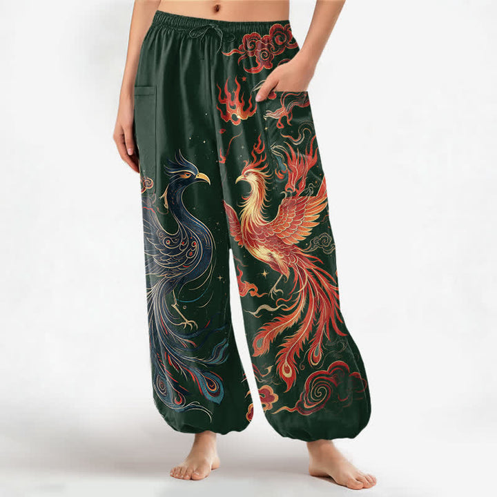 Buddha Stones Pantaloni harem da donna in cotone vintage con motivo fenice e fiamme, vita elasticizzata e tasche laterali. - Verde scuro - US16, UK/AU20, EU48 (3XL) - image 7