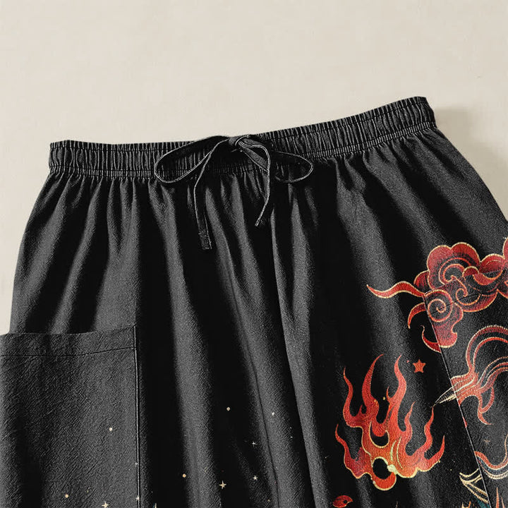 Buddha Stones Pantaloni harem da donna in cotone vintage con motivo fenice e fiamme, vita elasticizzata e tasche laterali. - image 5