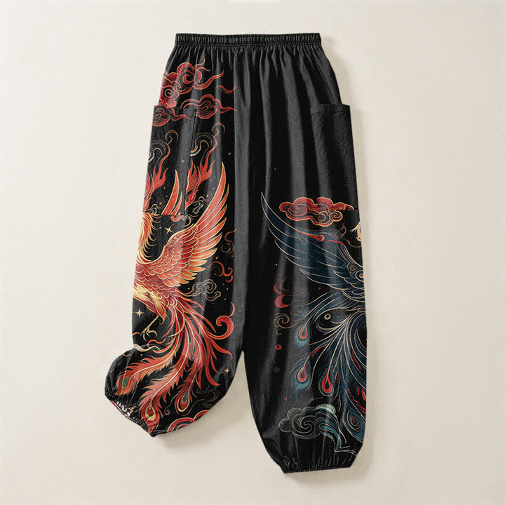Buddha Stones Pantaloni harem da donna in cotone vintage con motivo fenice e fiamme, vita elasticizzata e tasche laterali. - image 4