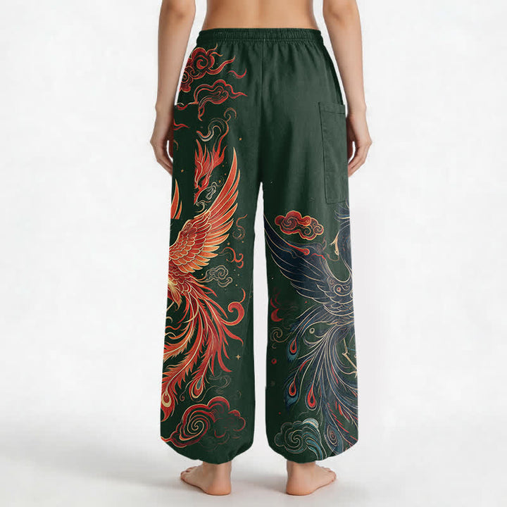 Buddha Stones Pantaloni harem da donna in cotone vintage con motivo fenice e fiamme, vita elasticizzata e tasche laterali. - image 9