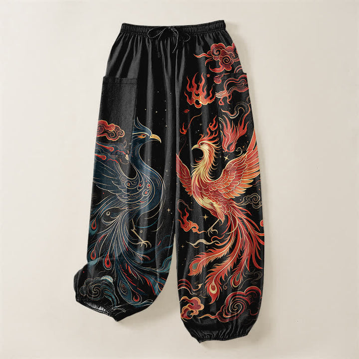 Buddha Stones Pantaloni harem da donna in cotone vintage con motivo fenice e fiamme, vita elasticizzata e tasche laterali. - image 3