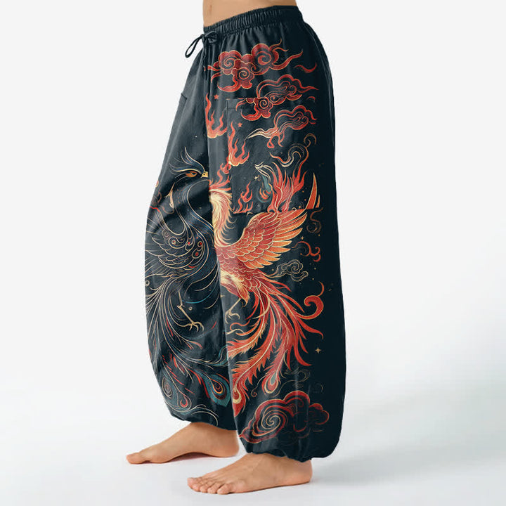 Buddha Stones Pantaloni harem da donna in cotone vintage con motivo fenice e fiamme, vita elasticizzata e tasche laterali. - image 11