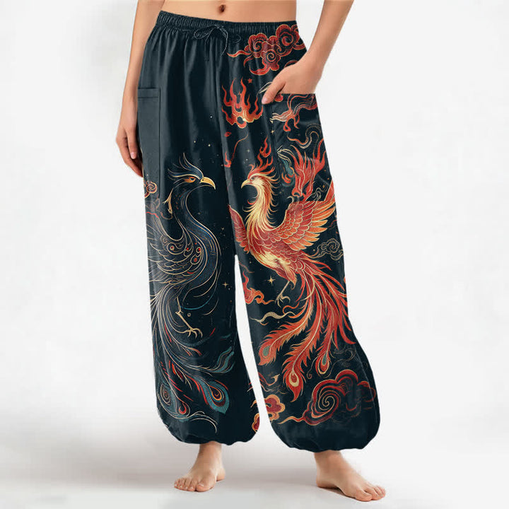 Buddha Stones Pantaloni harem da donna in cotone vintage con motivo fenice e fiamme, vita elasticizzata e tasche laterali. - Grigio ardesia scuro - US16, UK/AU20, EU48 (3XL) - image 10