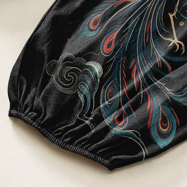 Buddha Stones Pantaloni harem da donna in cotone vintage con motivo fenice e fiamme, vita elasticizzata e tasche laterali. - image 6