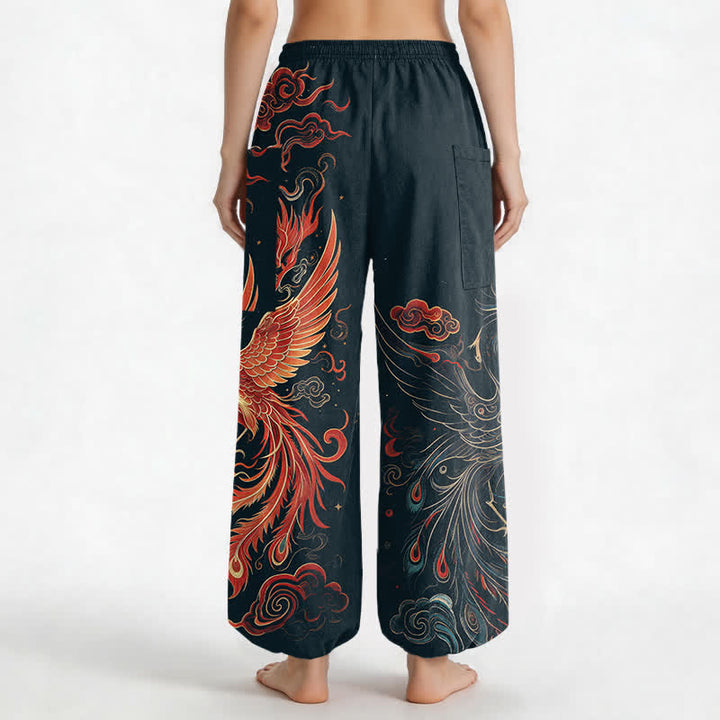 Buddha Stones Pantaloni harem da donna in cotone vintage con motivo fenice e fiamme, vita elasticizzata e tasche laterali. - image 12