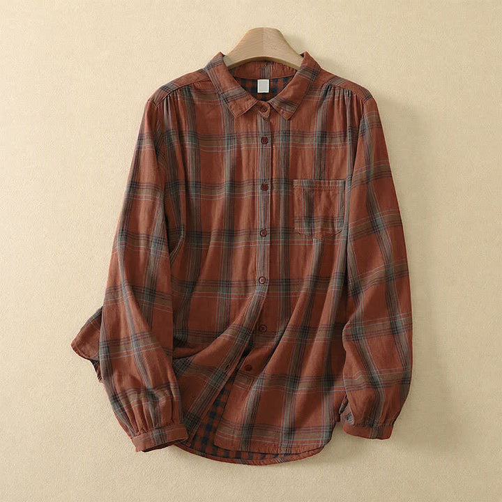 Buddha Stones Camicia da donna a maniche lunghe, classica, a quadri, con taschino applicato, ideale per l'autunno. - Rosso Indiano - US8-10, UK/AU12-14, EU40-42 (2XL) - image 0