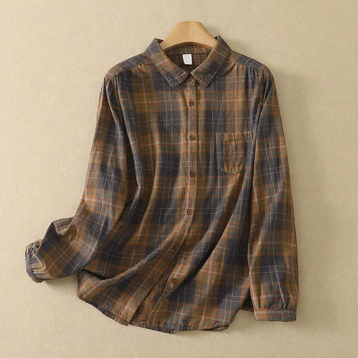 Buddha Stones Camicia da donna a maniche lunghe, classica, a quadri, con taschino applicato, ideale per l'autunno. - Marrone sella - US8-10, UK/AU12-14, EU40-42 (2XL) - image 13