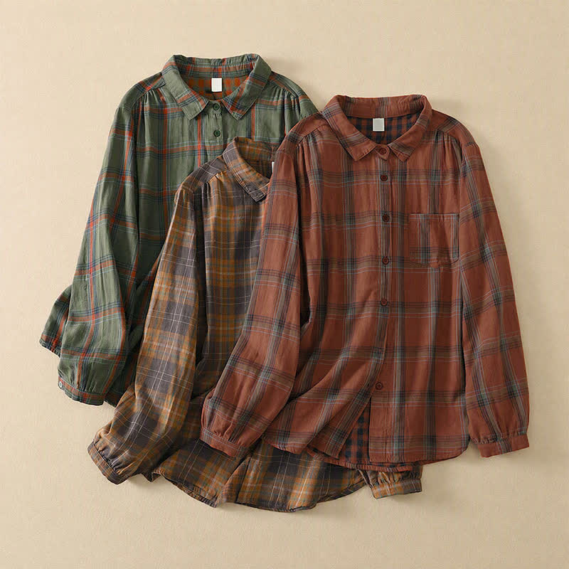 Buddha Stones Camicia da donna a maniche lunghe, classica, a quadri, con taschino applicato, ideale per l'autunno. - image 18
