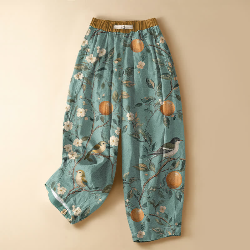 Buddha Stones Pantaloni harem da donna in puro cotone con motivo floreale e uccelli da frutteto, bottoni a rana e vita elasticizzata, con tasche. - Turchese scuro - US16, UK/AU20, EU48 (3XL) - image 0