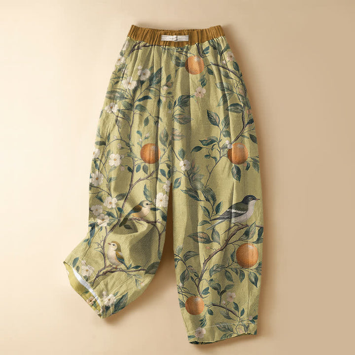 Buddha Stones Pantaloni harem da donna in puro cotone con motivo floreale e uccelli da frutteto, bottoni a rana e vita elasticizzata, con tasche. - Cachi - US16, UK/AU20, EU48 (3XL) - image 5