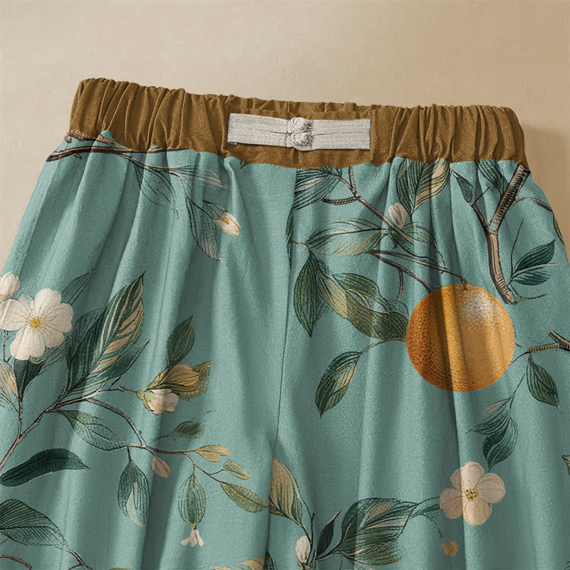 Buddha Stones Pantaloni harem da donna in puro cotone con motivo floreale e uccelli da frutteto, bottoni a rana e vita elasticizzata, con tasche. - image 3