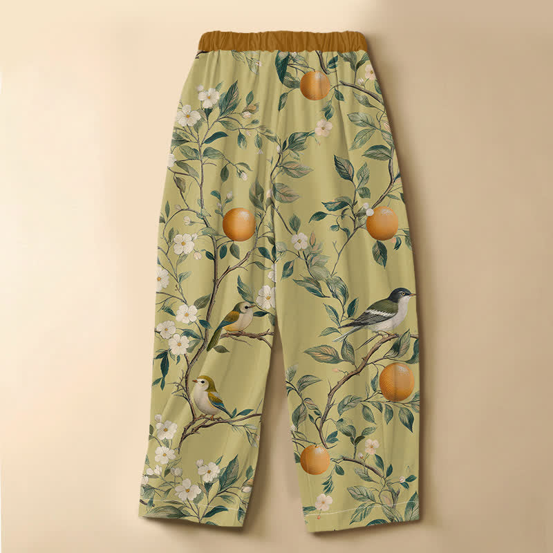 Buddha Stones Pantaloni harem da donna in puro cotone con motivo floreale e uccelli da frutteto, bottoni a rana e vita elasticizzata, con tasche. - image 6