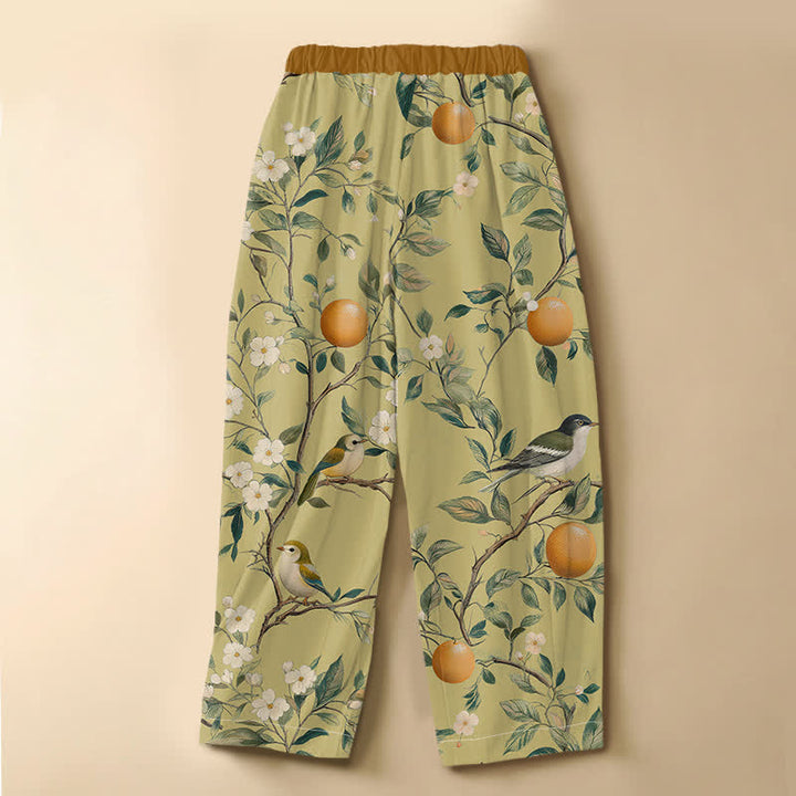 Buddha Stones Pantaloni harem da donna in puro cotone con motivo floreale e uccelli da frutteto, bottoni a rana e vita elasticizzata, con tasche. - image 6