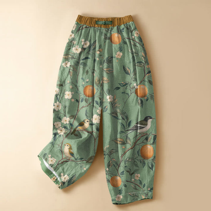 Buddha Stones Pantaloni harem da donna in puro cotone con motivo floreale e uccelli da frutteto, bottoni a rana e vita elasticizzata, con tasche. - Acquamarina media - US16, UK/AU20, EU48 (3XL) - image 7