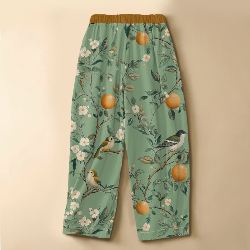 Buddha Stones Pantaloni harem da donna in puro cotone con motivo floreale e uccelli da frutteto, bottoni a rana e vita elasticizzata, con tasche. - image 8