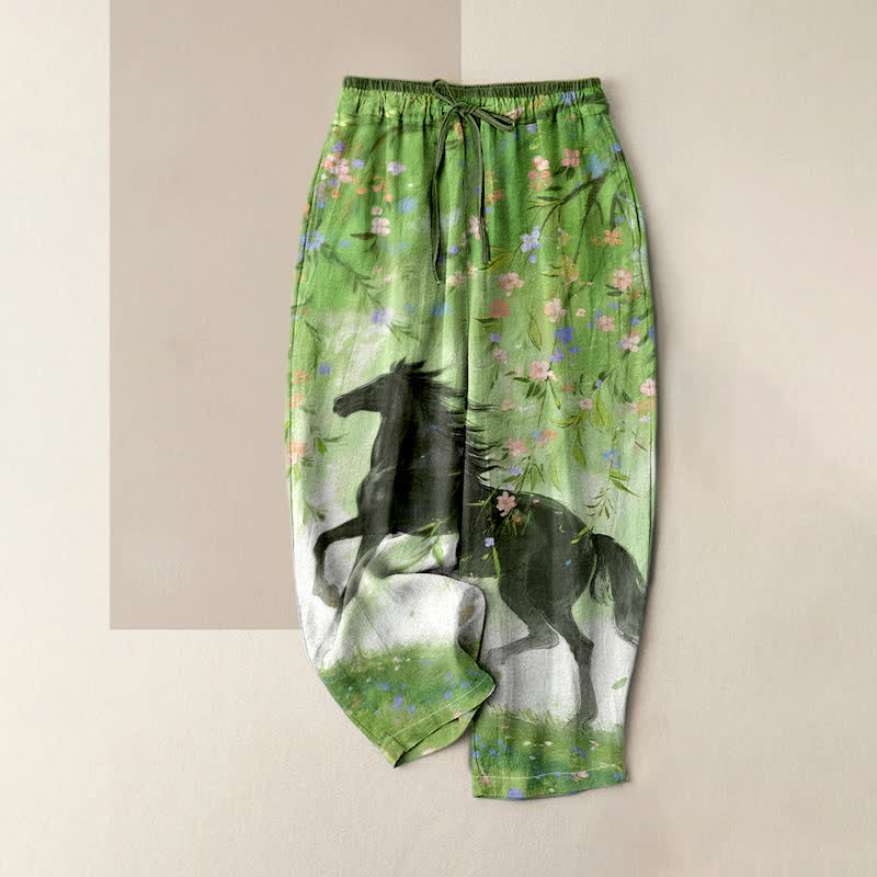 Buddha Stones Pantaloni da donna in puro cotone con elastico in vita e tasche, fantasia floreale con cavalli al galoppo. - Verde lime - US16, UK/AU20, EU48 (3XL) - image 0