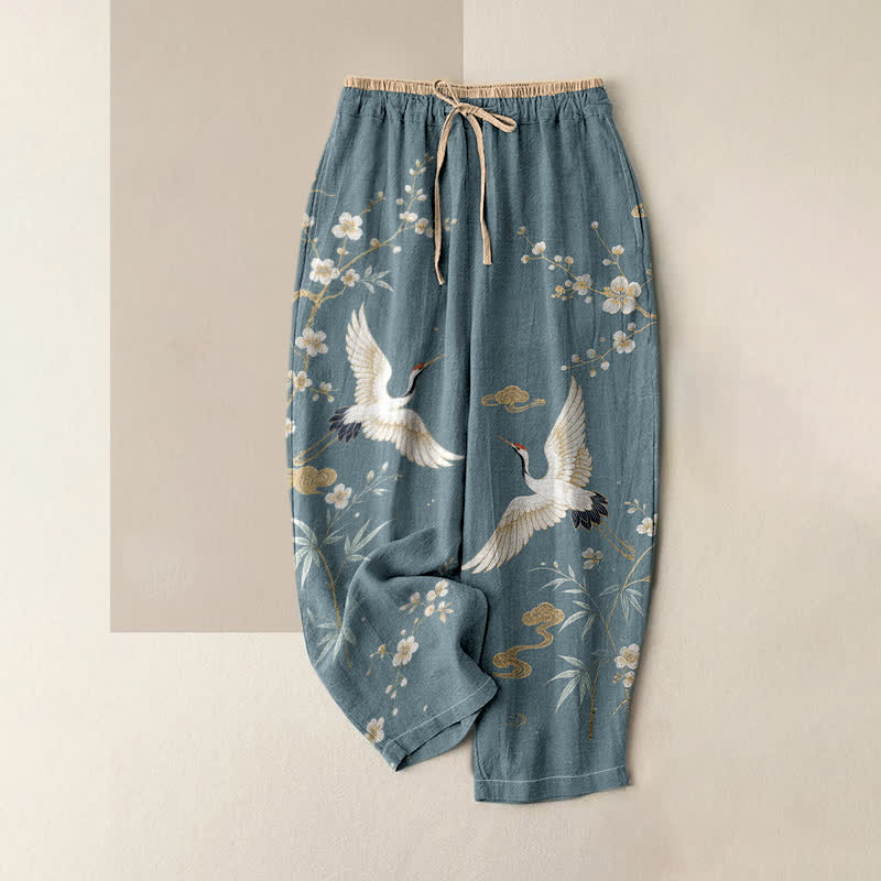 Buddha Stones Pantaloni da donna in puro cotone con elastico in vita e tasche, fantasia vintage gru e nuvole. - Cadetto Blu - US16, UK/AU20, EU48 (3XL) - image 0