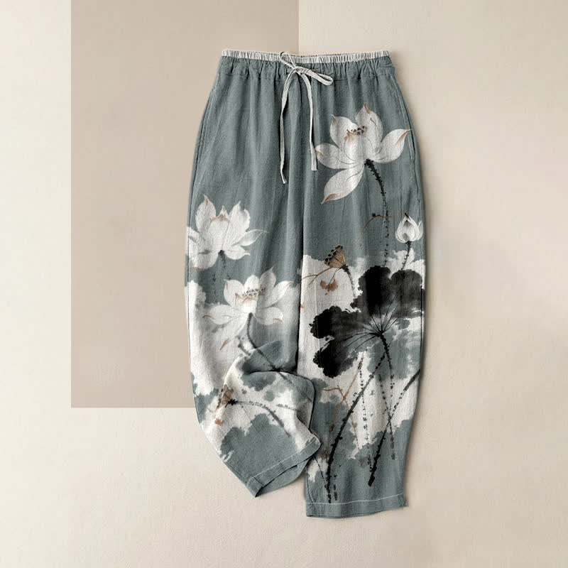 Buddha Stones Pantaloni da donna in puro cotone con stampa a loto e elastico in vita, con tasche. - Grigio ardesia chiaro - US16, UK/AU20, EU48 (3XL) - image 0
