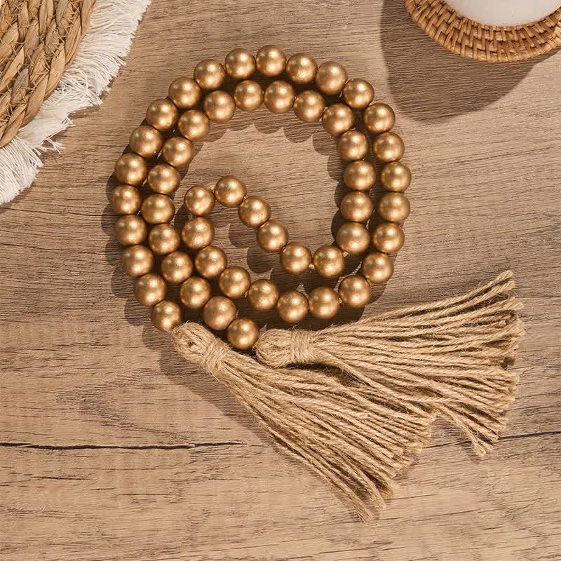 Buddha Stones Ghirlanda di perline di legno rustiche dorate con nappe - Mindful Living Decor - Legna - image 0