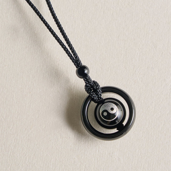 Buddha Stones Collana con ciondolo Yin Yang in onice nera e ossidiana nera, con equilibrio - image 3