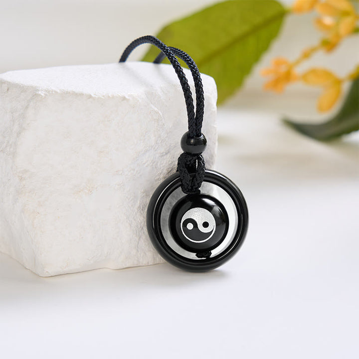 Buddha Stones Collana con ciondolo Yin Yang in onice nera e ossidiana nera, con equilibrio - image 1