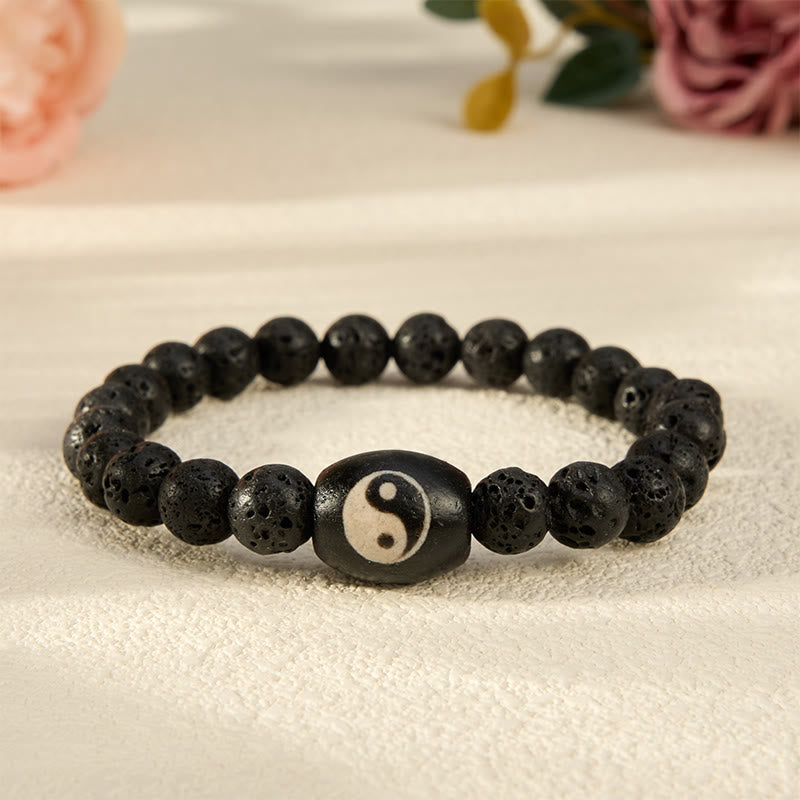Buddha Stones Bracciale di supporto con perline Yin Yang in onice nera e pietra lavica. - Roccia lavica (Circonferenza del polso: 5,9–6,3 pollici/15–16 cm) - image 0