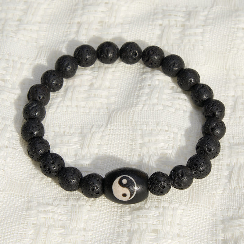 Buddha Stones Bracciale di supporto con perline Yin Yang in onice nera e pietra lavica. - image 1