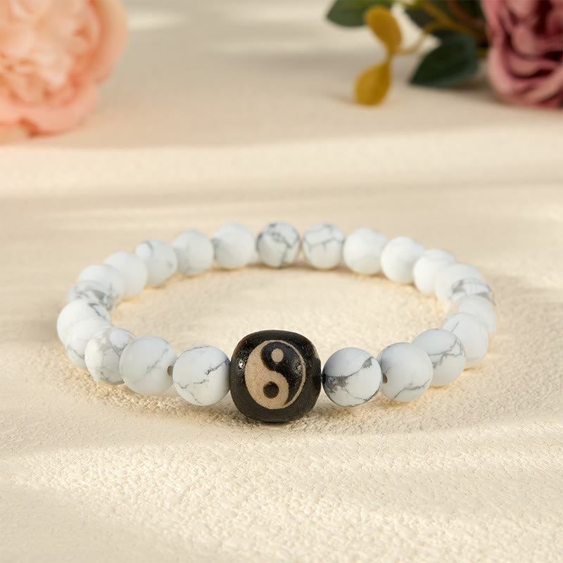 Buddha Stones Bracciale rotondo con perline in onice nera, turchese bianco e simbolo Yin Yang, equilibrio Yin Yang. - Turchese bianco - 5,9–6,3 pollici (15–16 cm) - image 10