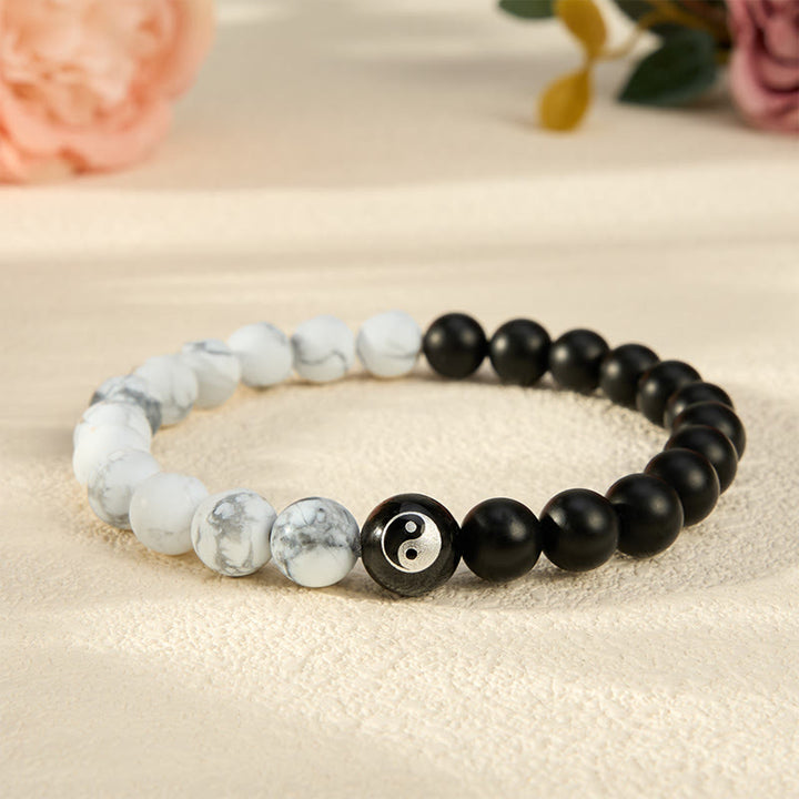 Buddha Stones Bracciale con perline rotonde Yin Yang in onice nera, turchese bianco e ossidiana nera, con motivo Yin Yang. - Onice nero e turchese bianco - 5,9–6,3 pollici (15–16 cm) - image 17