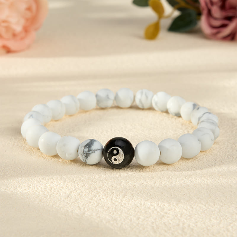 Buddha Stones Bracciale con perline rotonde Yin Yang in onice nera, turchese bianco e ossidiana nera, con motivo Yin Yang. - Turchese bianco - 5,9–6,3 pollici (15–16 cm) - image 11
