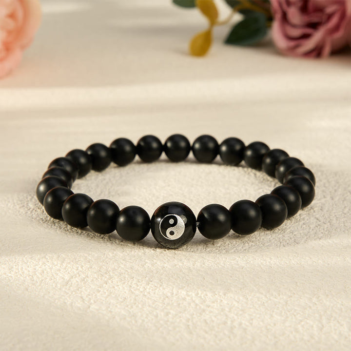 Buddha Stones Bracciale con perline rotonde Yin Yang in onice nera, turchese bianco e ossidiana nera, con motivo Yin Yang. - Onice Nero - 5,9–6,3 pollici (15–16 cm) - image 0