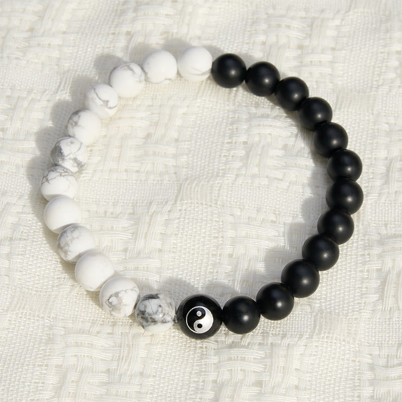 Buddha Stones Bracciale con perline rotonde Yin Yang in onice nera, turchese bianco e ossidiana nera, con motivo Yin Yang. - image 18
