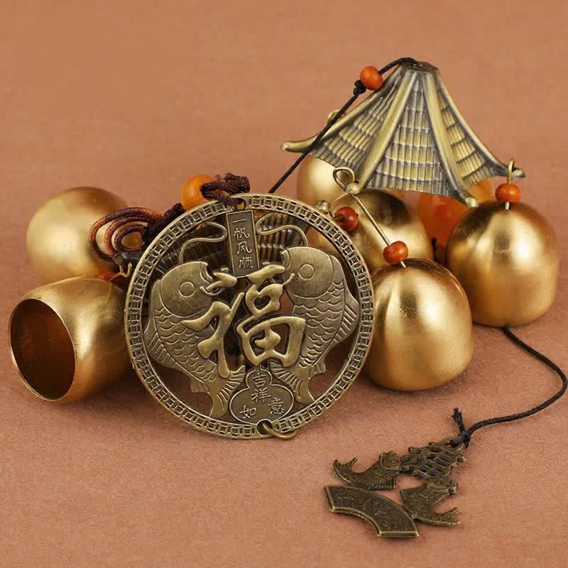 Buddha Stones Campanelli portafortuna a due livelli in rame massiccio con motivo Pi Xiu Bagua e pesci koi. - image 11
