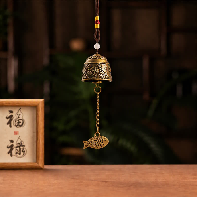 Buddha Stones Campanelli e carillon portafortuna con doppio drago in rame e pesci koi. - image 9