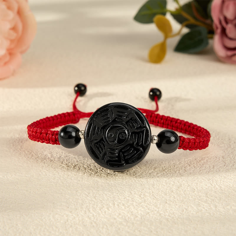 Buddha Stones Braccialetto Bagua rotondo con filo rosso e ossidiana nera, simbolo di benedizione Bagua. - image 0