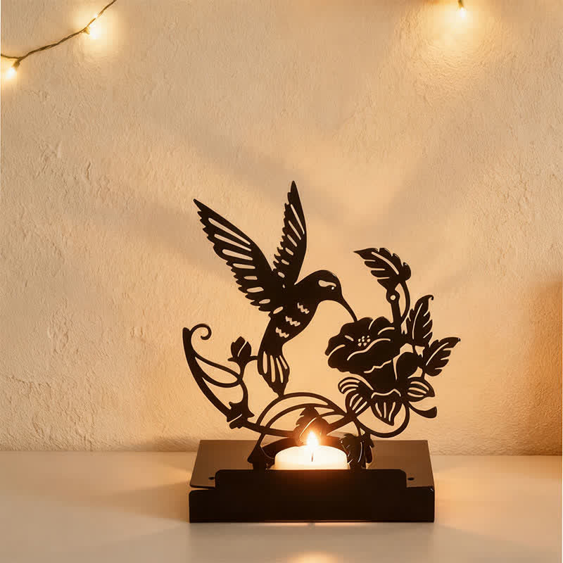 Buddha Stones Portacandele a forma di elefante e uccello in ferro nero con silhouette di forza - image 1